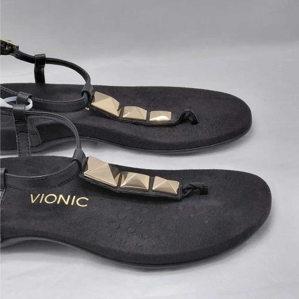 Vionic Womens Thong Sandals Size 9 Black Gold Studded T Strap Comfort Shoes